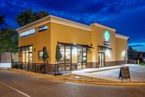 Angled exterior shot of Starbucks on Mt. Rushmore road in Rapid City, SD.
