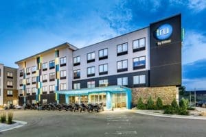 Angled exterior shot of tru by Hilton hotel in Rapid City, SD