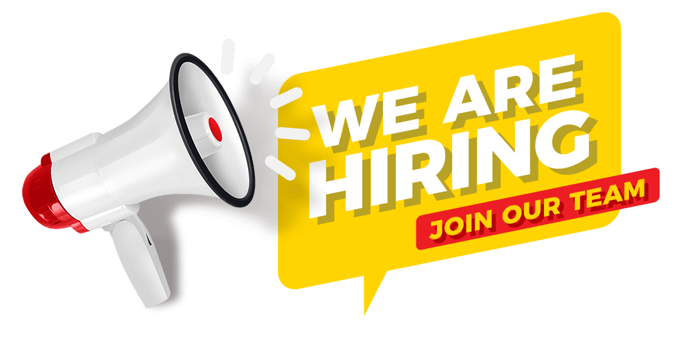 Loudspeaker next to we are hiring on a yellow dialogue box with join our team highlighted with red background below.